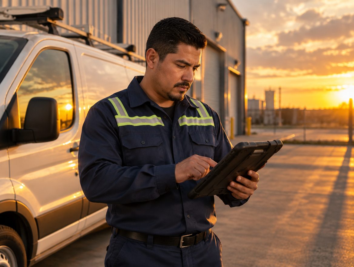 Técnico de servicio usando una tableta junto a su camioneta