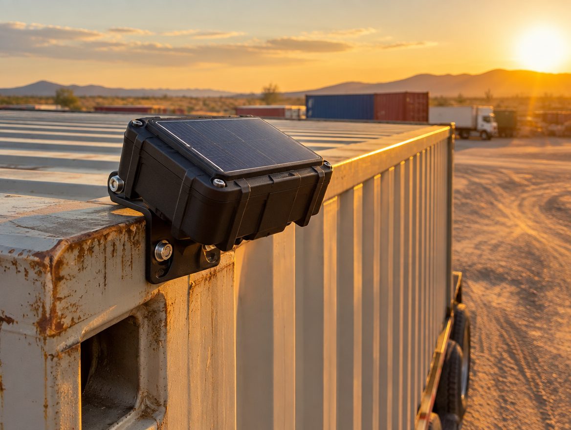 Rastreador solar instalado en un contenedor de carga al atardecer