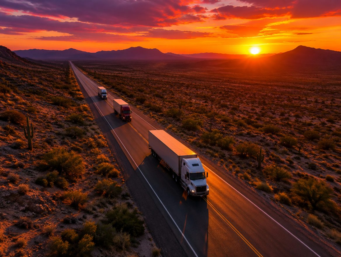 Convoy de tráileres recorriendo una carretera al atardecer