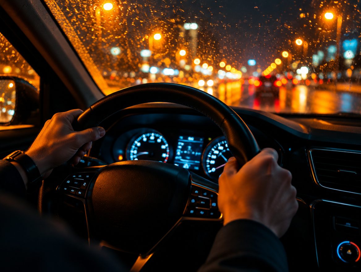 Manos al volante conduciendo de noche en la ciudad