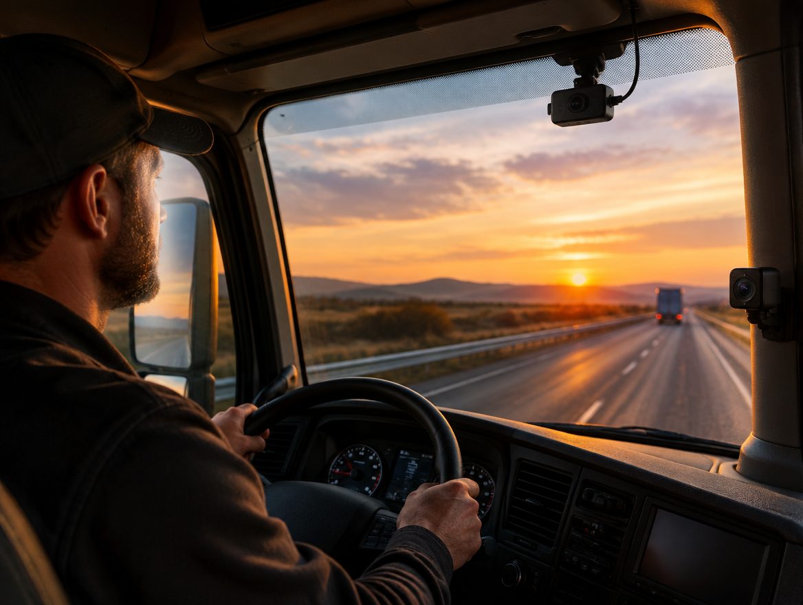 Cámaras en la cabina de un camión durante un viaje al atardecer