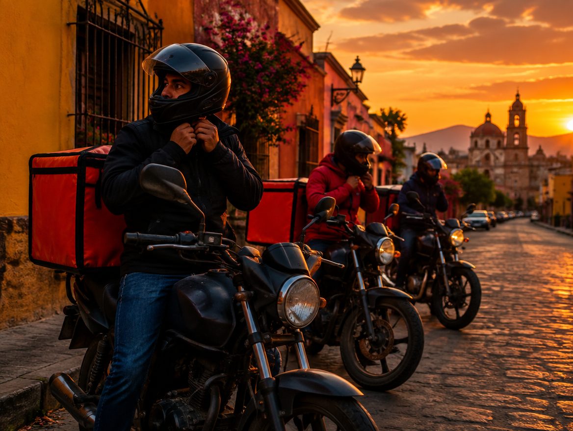 Motociclistas de reparto listos para salir al atardecer
