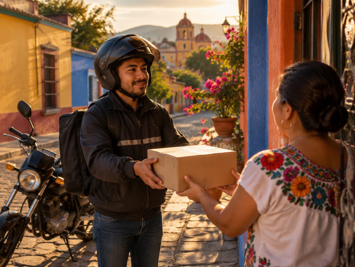 Repartidor entregando un paquete en una calle mexicana