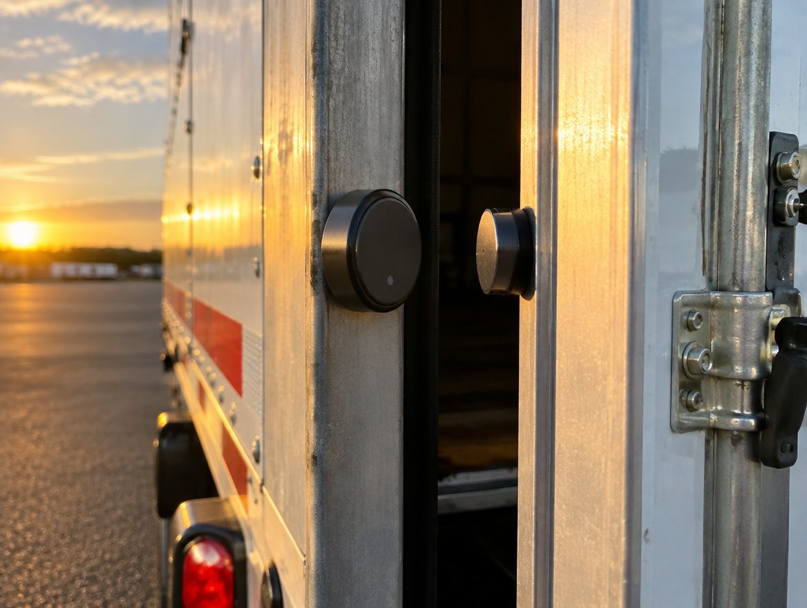 Sensor inalámbrico colocado en la puerta de una caja de transporte
