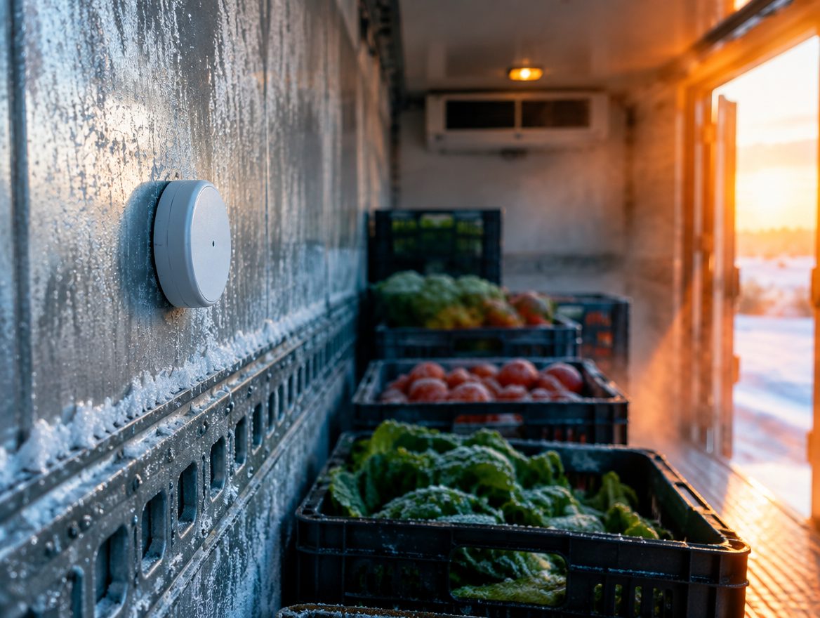 Sensor EYE en la pared de una caja refrigerada con alimentos