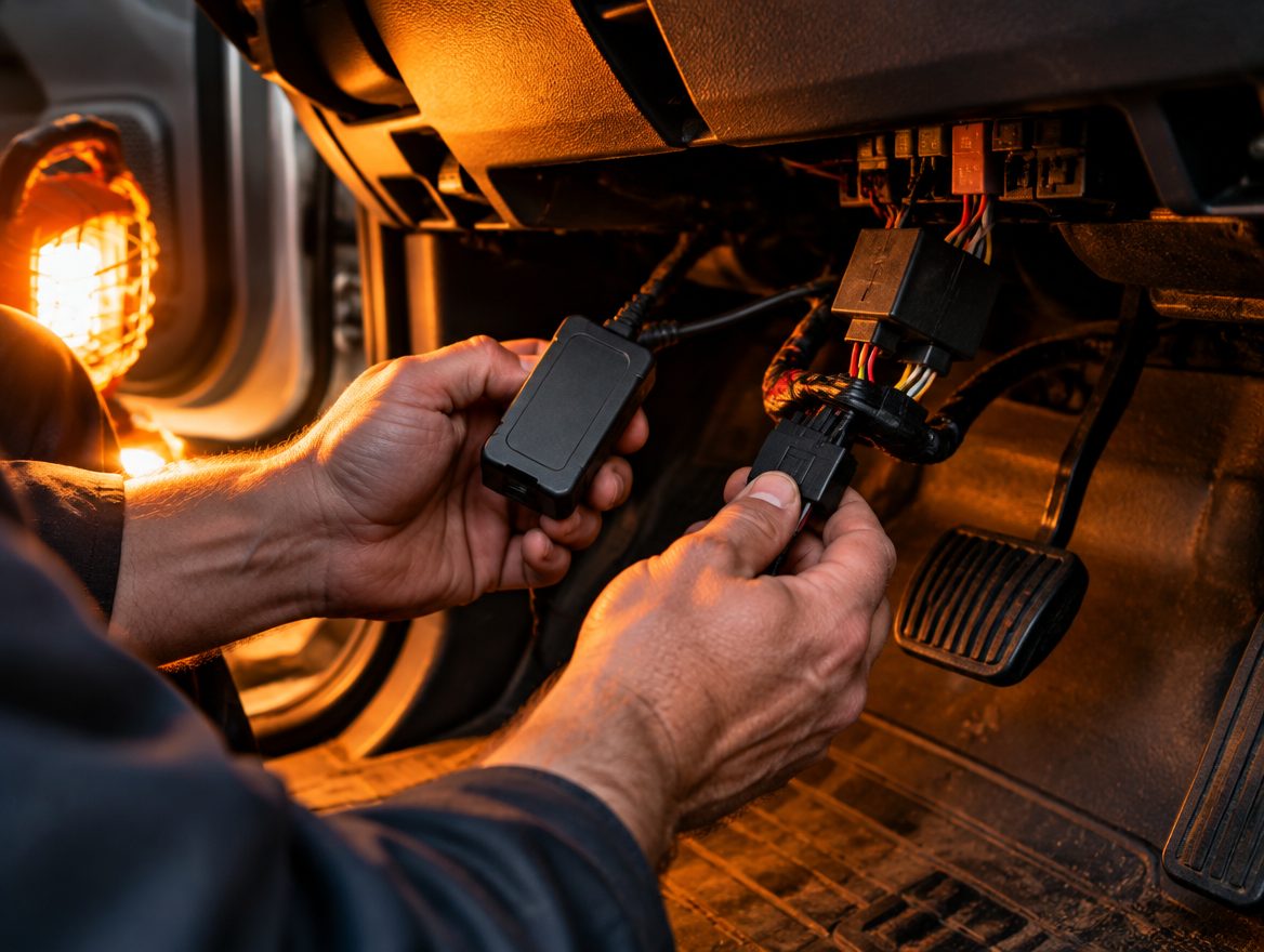 Técnico conectando un rastreador cableado bajo el tablero de un vehículo