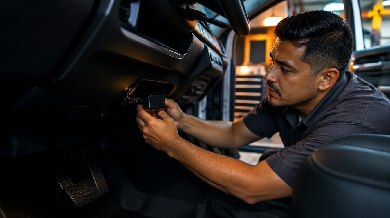 Técnico instalando un equipo de rastreo GPS debajo del tablero de un vehículo