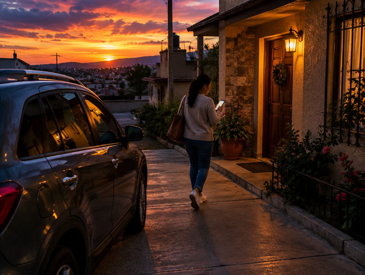 Persona consultando su vehículo estacionado en casa al atardecer