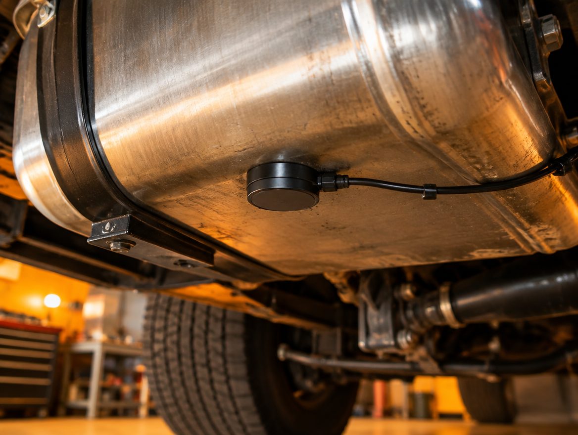 Sensor ultrasónico fijado debajo del tanque de combustible de un camión