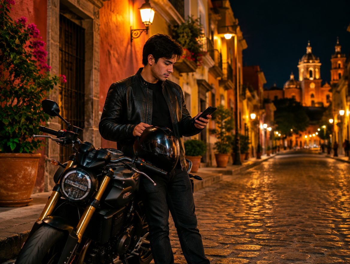 Motociclista consultando su ubicación en una calle colonial por la noche