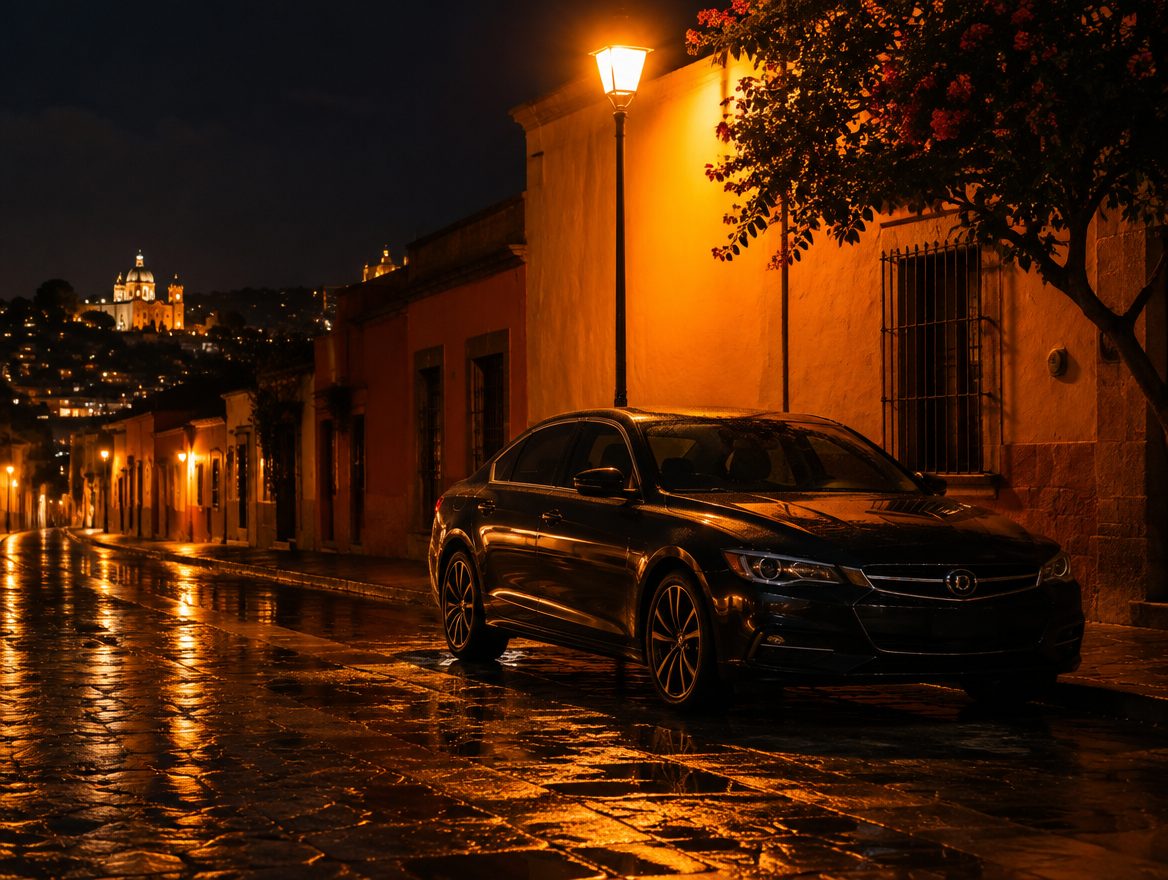 Auto estacionado de noche en una calle iluminada por una lámpara