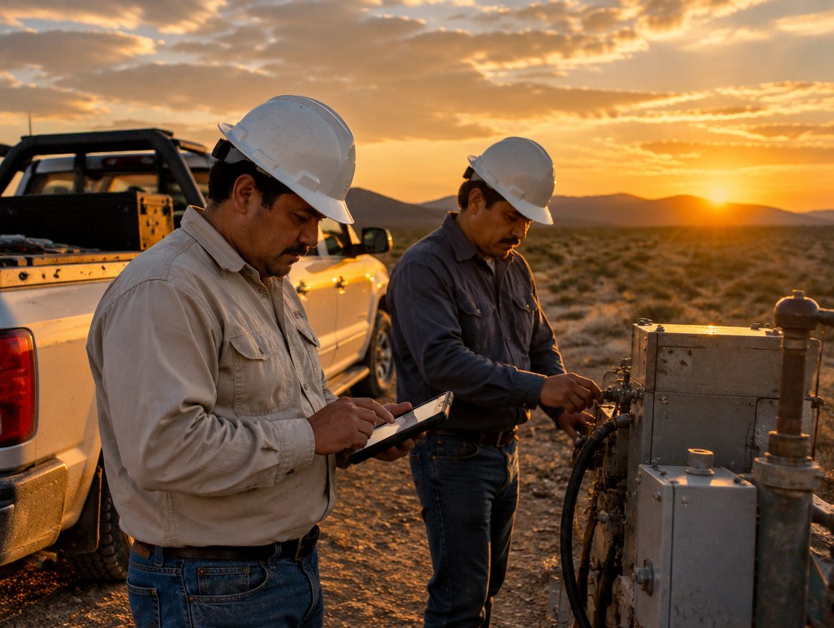 Técnicos con casco revisando equipo en sitio al atardecer