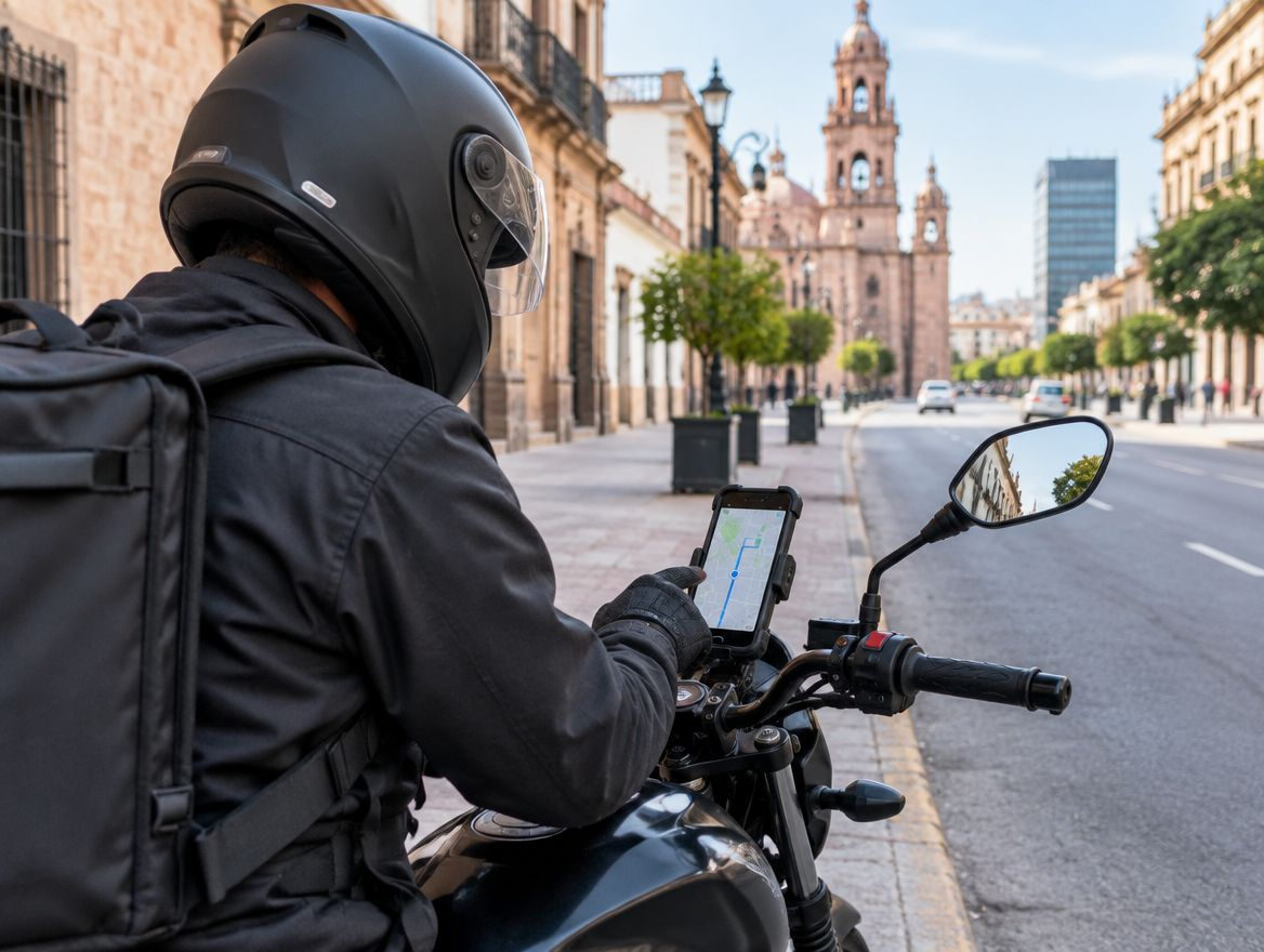 Persona de reparto en motocicleta durante una operación de servicio en campo