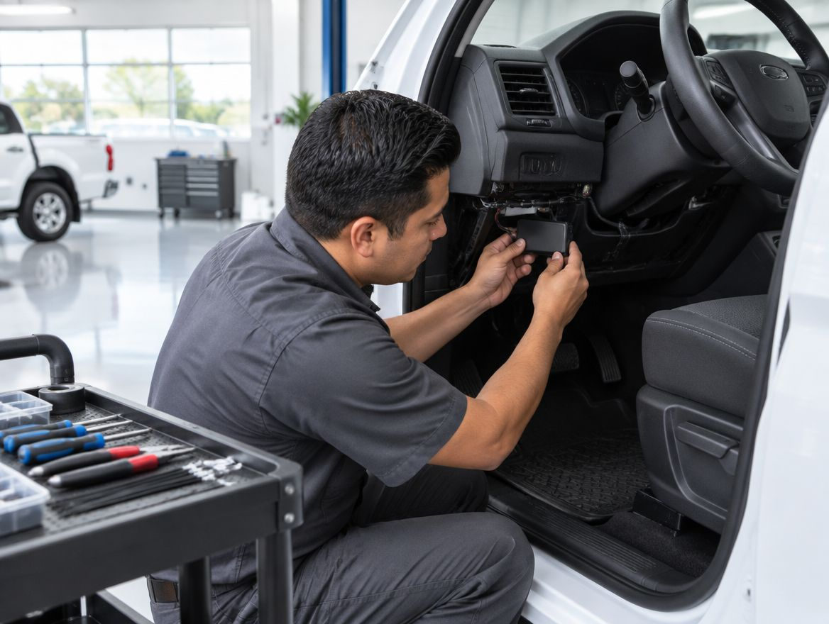 Técnico instalando y probando un equipo GPS debajo del tablero de una camioneta