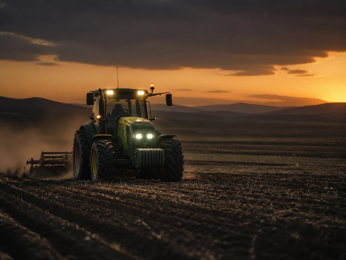 Tractor agrícola trabajando entre cultivos en el campo