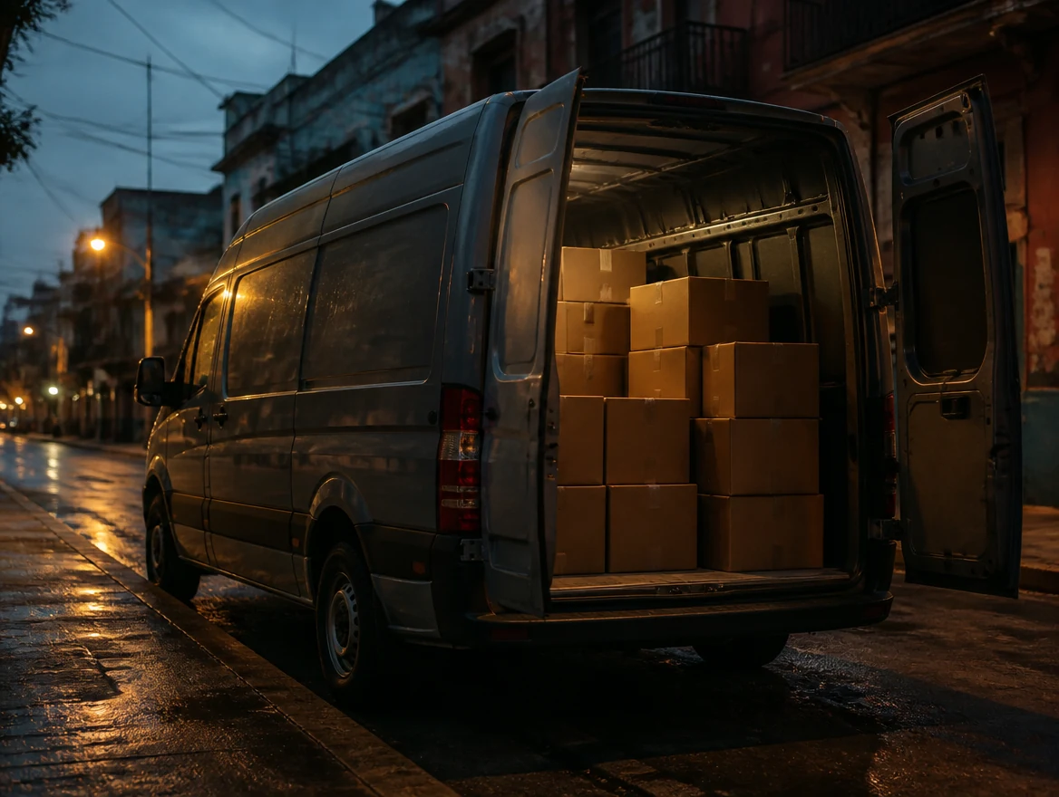 Camioneta de reparto con cajas estacionada en una calle urbana