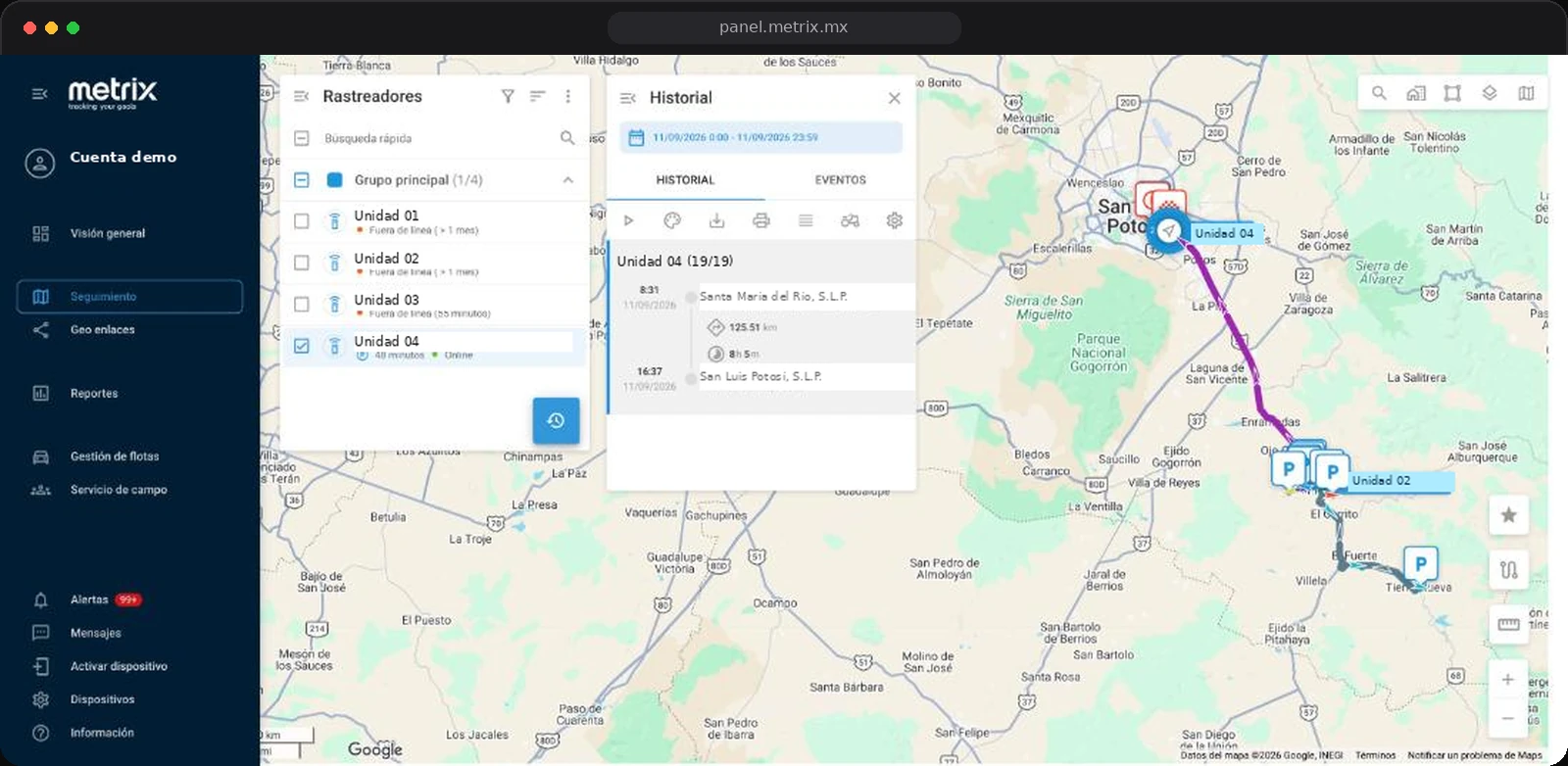 Captura real de un recorrido en Métrix con ruta, paradas y panel de historial