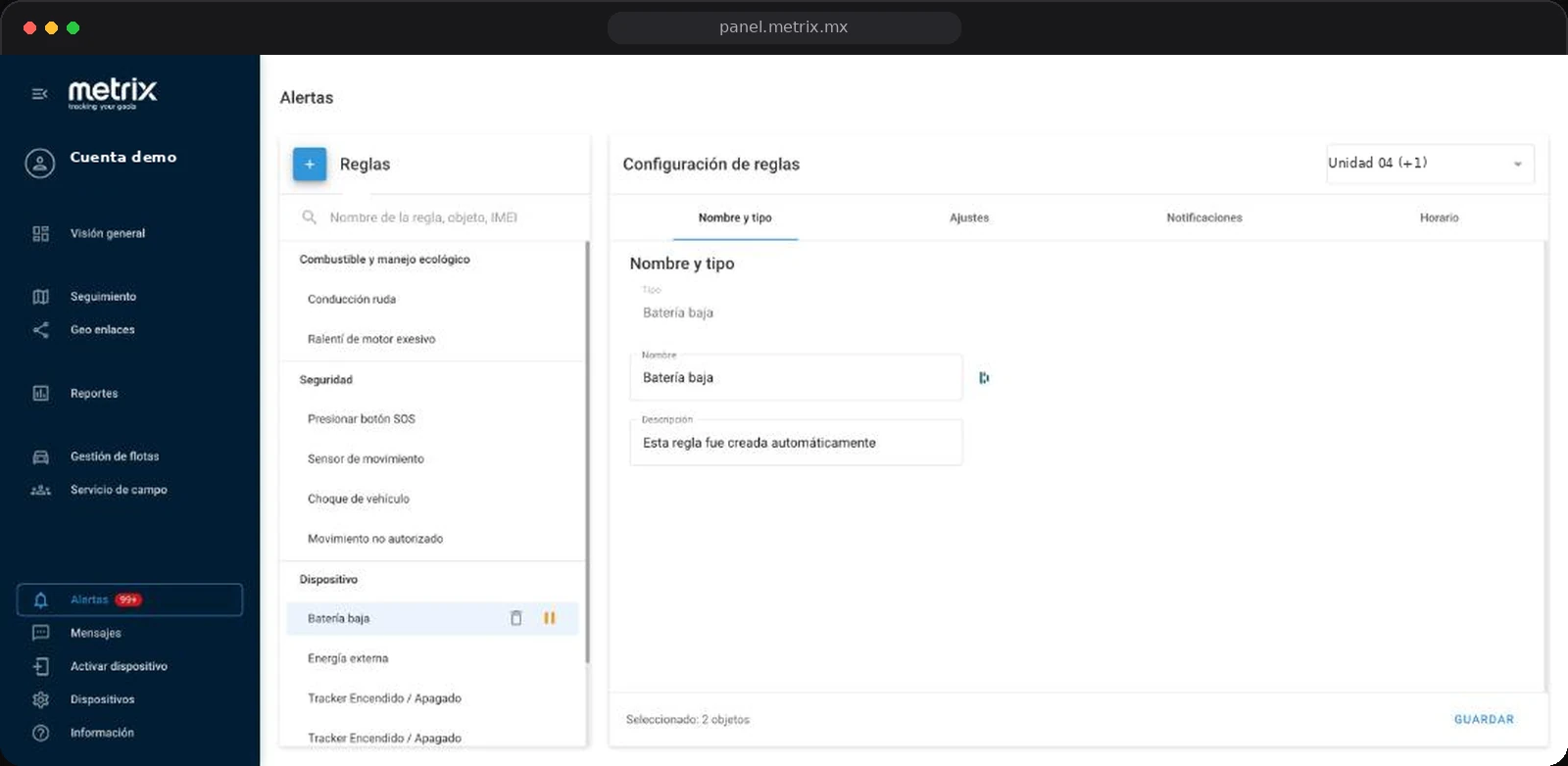 Captura real de la configuración de reglas de alerta de la plataforma Métrix